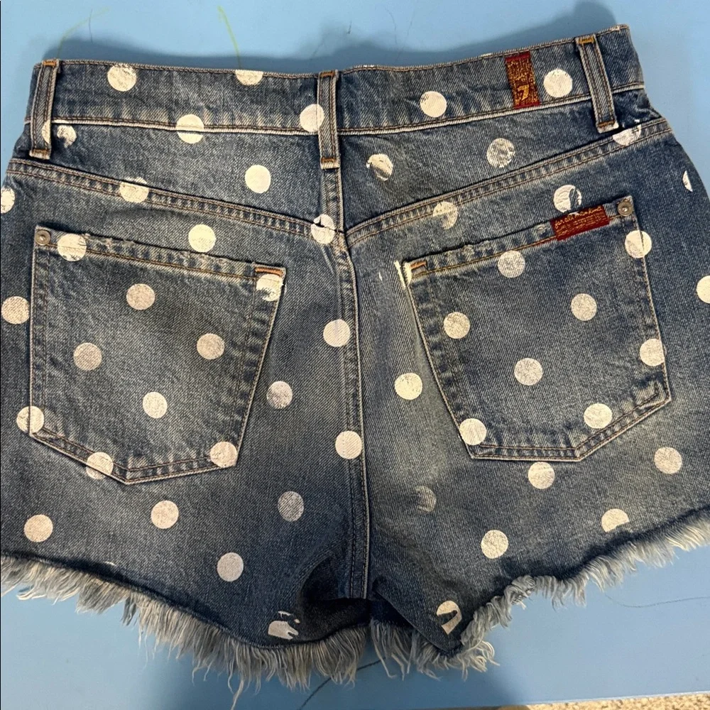 7 For All Mankind White Polka Dot Blue Denim Cutoff Shorts - Picture 4 of 4